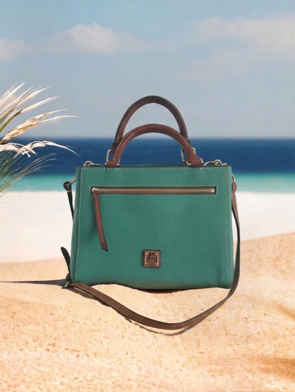 Dooney & Bourke Green Leather Tote with Brown Trim
